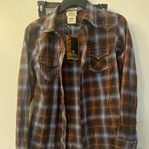 ARIAT Western Studded Plaid Stitching Fitted Shirt Women's Medium Snap Button